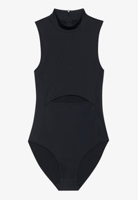 Črna brezrokavna bodysuit z visokim ovratnikom, izrezom na trupu in gladkim, raztegljivim materialom. Vključuje zadrgo na hrbtni strani.