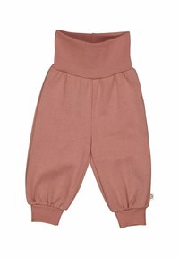 Rdzawobrązowe spodnie dla malucha z szerokim ściągaczem w pasie, ściąganymi nogawkami oraz miękkim materiałem, z metką po boku.