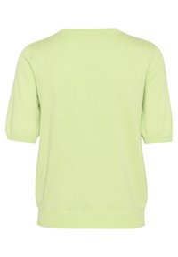 Pulover scurt cu mânecă scurtă, de culoare verde deschis, cu guler rotund, textură moale și margine ribbed. Design simplu, fără embellishments suplimentare.