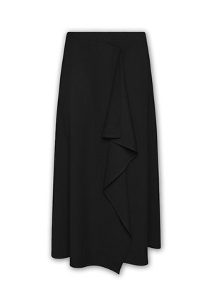 Svart omlottkjol av lätt tyg med lager på lager design och asymmetrisk nederkant. Slät textur och enkel finish.