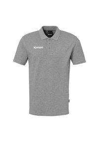 Grijze polo met korte mouwen van katoen, voorzien van een drie-knopen sluiting en een wit 'Kempa' logo op de linkerborst.