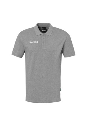 Grijze polo met korte mouwen van katoen, voorzien van een drie-knopen sluiting en een wit 'Kempa' logo op de linkerborst.