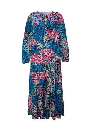 Lange jurk met een mix van kleurrijke dierenprints in pink, blauw en turquoise. Beschikt over lange mouwen en een gelaagde, vloeiende rok.