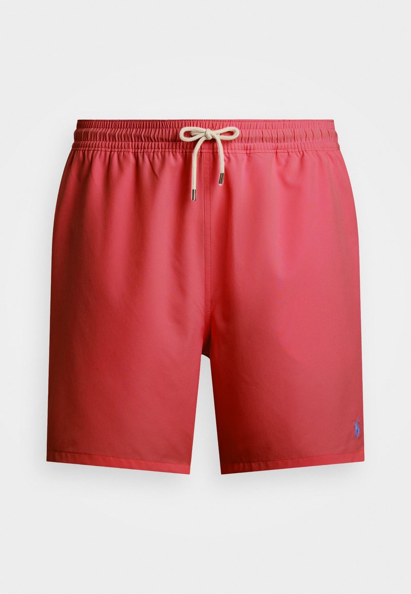 Κόκκινες σορτς κολυμβητηρίου φτιαγμένες από ελαφρύ ύφασμα, με ελαστική μέση και μπεζ κορδόνι, καθώς και μικρή μπλε λεπτομέρεια λογότυπου.