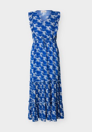 Robe maxi sans manches bleue avec motif feuille de palmier blanche, encolure en V, épaules volantées, taille élastique et jupe à volants.