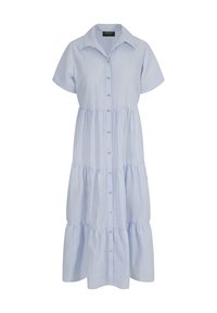 Reißverschlusskleid mit kurzen Ärmeln in Hellblau und weißen Streifen. Verfügt über einen Kragen, ein gestuftes Design und runde Knöpfe entlang der Front.