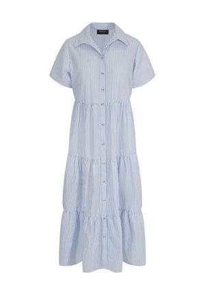 Reißverschlusskleid mit kurzen Ärmeln in Hellblau und weißen Streifen. Verfügt über einen Kragen, ein gestuftes Design und runde Knöpfe entlang der Front.