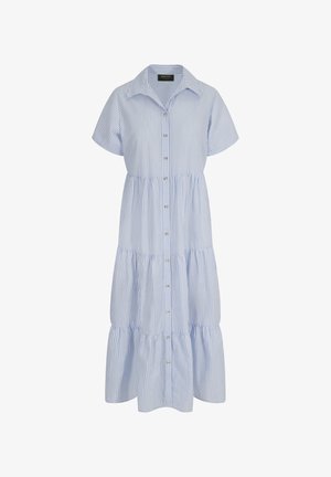 Reißverschlusskleid mit kurzen Ärmeln in Hellblau und weißen Streifen. Verfügt über einen Kragen, ein gestuftes Design und runde Knöpfe entlang der Front.
