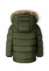 Olivgrüne gepolsterte Jacke mit einer Kapuze aus Kunstfell, ausgestattet mit genähten Einsätzen und elastischen Bündchen. Die Rückansicht zeigt Volumen und Textur.