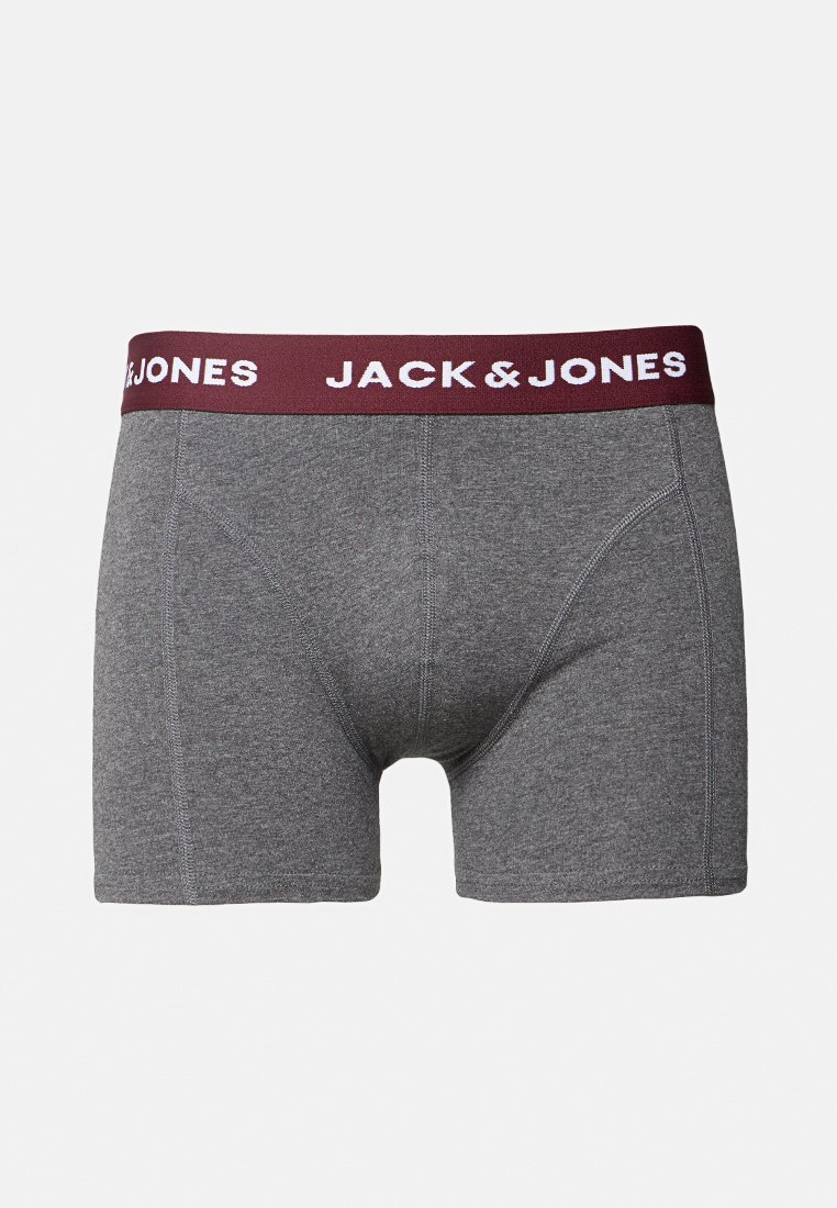 Boxer cortos grises para hombre con cintura burdeos que presenta la marca "JACK & JONES" en blanco, con detalles de costura visibles en la parte frontal y los lados.