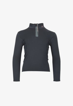 Top sportivo nero a maniche lunghe con zip a un quarto e colletto alto con piccolo testo logo vicino allo scollo.