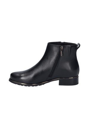 Black faux leather ankle boot with a pointed toe, side zipper, textured upper, and a block heel. Features a metallic accent at the base.