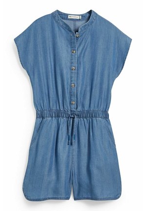 Lyseblå denim kortærmet romper med knapper foran, elastisk talje med snor og sidelommer.