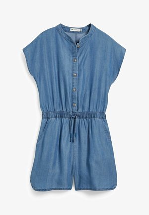 Combinaison courte en denim bleu clair à manches courtes, boutons sur le devant, taille élastique avec cordon et poches latérales.