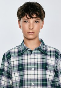 Camicia a quadri verde e bianca con bottoni, caratterizzata da un colletto classico e un piccolo logo sul petto, realizzata in un morbido tessuto.