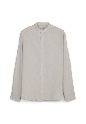 Light beige long-sleeve shirt with a band collar, front button closure, and textured lightweight fabric. Straight cut at hem.