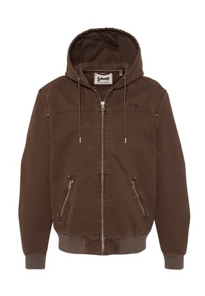 Bruine gemêleerde jas met capuchon, ritssluiting aan de voorkant, trekkoorden, twee zakken met ritssluiting, geribbelde manchetten en een merklabel op de borst en aan de binnenkant van de kraag.