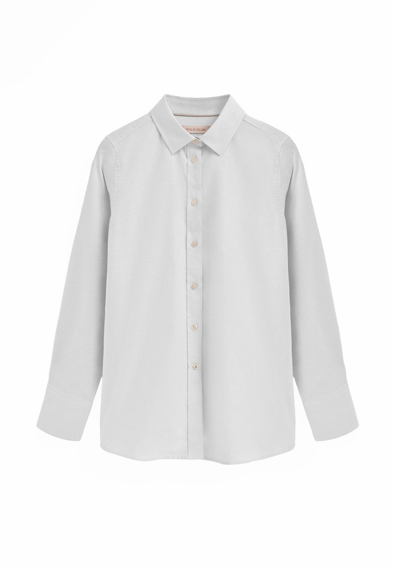 Camicia grigia chiara con colletto, maniche lunghe e vestibilità rilassata. Presenta bottoni frontali e una texture del tessuto liscia.