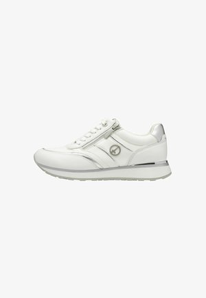 White leather sneaker featuring a silver accent, lace closure, side zipper, and textured sole with a slight heel. Classic athletic design.