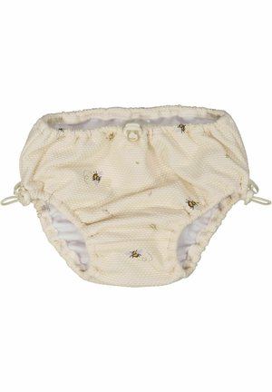 Babysvømmedragt med cremefarvet tekstur, små broderede bier og justerbare sidestropper.