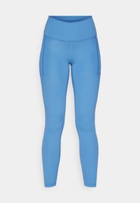 Leggings blu con vita alta, texture liscia, tasche laterali e design aderente per l'abbigliamento sportivo.