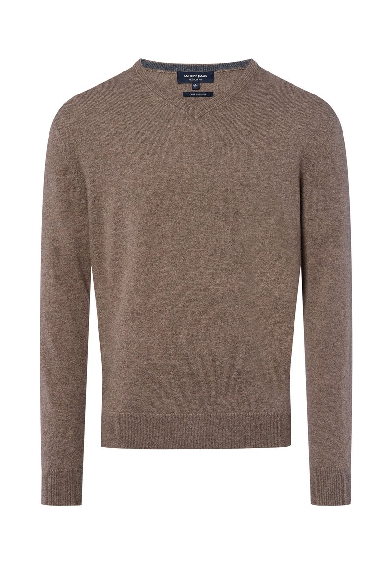 Bruine pullover trui van puur kasjmier, met een V-hals, lange mouwen en een aangesloten zoom. Zachte textuur met een effen patroon.