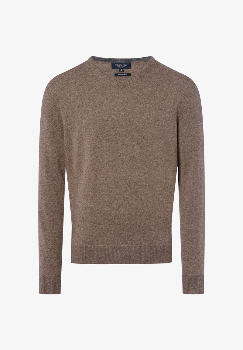 Brauner Pullover aus reinem Kaschmir, mit V-Ausschnitt, langen Ärmeln und schmalem Saum. Weiche Textur mit einfarbigem Muster.