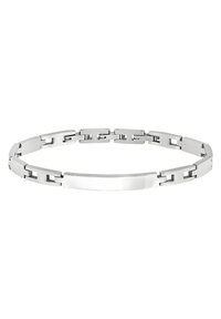 Bracelet en acier inoxydable argenté avec un design articulé. Il présente une plaque centrale lisse ainsi que des maillons alternant entre allongés et carrés.
