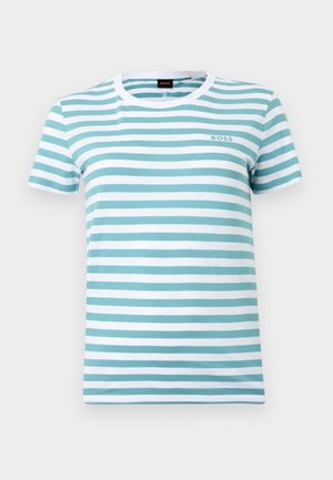Striped short-sleeve t-shirt in teal and white, with a round neckline and a small "BOSS" logo on the chest. Cotton material.