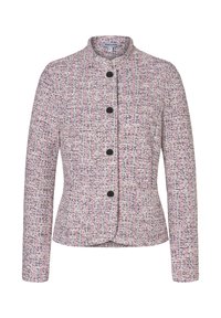Texturierte Jacke aus pinkem, weißem und schwarzem Tweed, mit hohem Kragen, fünf schwarzen Knöpfen und langen Ärmeln. Taillierte Passform.