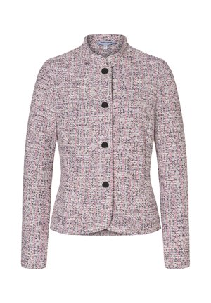 Textured jacket in pink, white, and black tweed, featuring a high collar, five black buttons, and long sleeves. Tailored fit.
