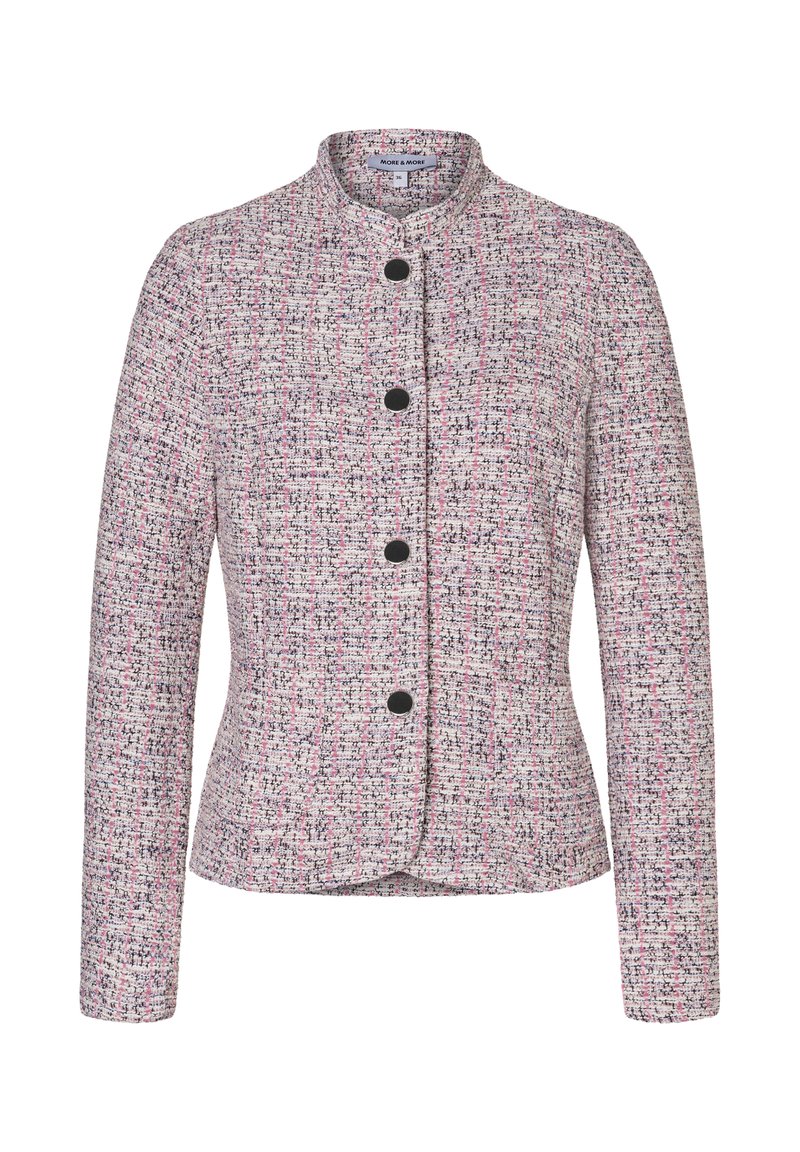 Texturierte Jacke aus pinkem, weißem und schwarzem Tweed, mit hohem Kragen, fünf schwarzen Knöpfen und langen Ärmeln. Taillierte Passform.