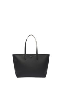 Borsa tote nera in pelle con superficie liscia e due manici lunghi. Presenta un logo discreto, design aperto e una forma rettangolare semplice.