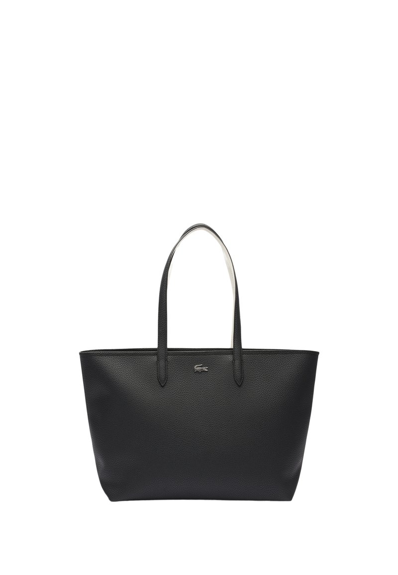 Borsa tote nera in pelle con superficie liscia e due manici lunghi. Presenta un logo discreto, design aperto e una forma rettangolare semplice.