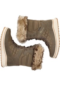 Bruna vattentäta stövlar med quiltad textur, fuskpälsfoder, rund tå och gummisula. Snörningsdesign med ljusa accenter.