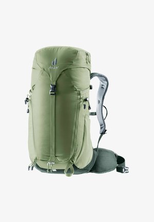 Green nylon hiking backpack with a streamlined design, adjustable straps, and multiple pockets. Features a gray padded back panel for comfort.