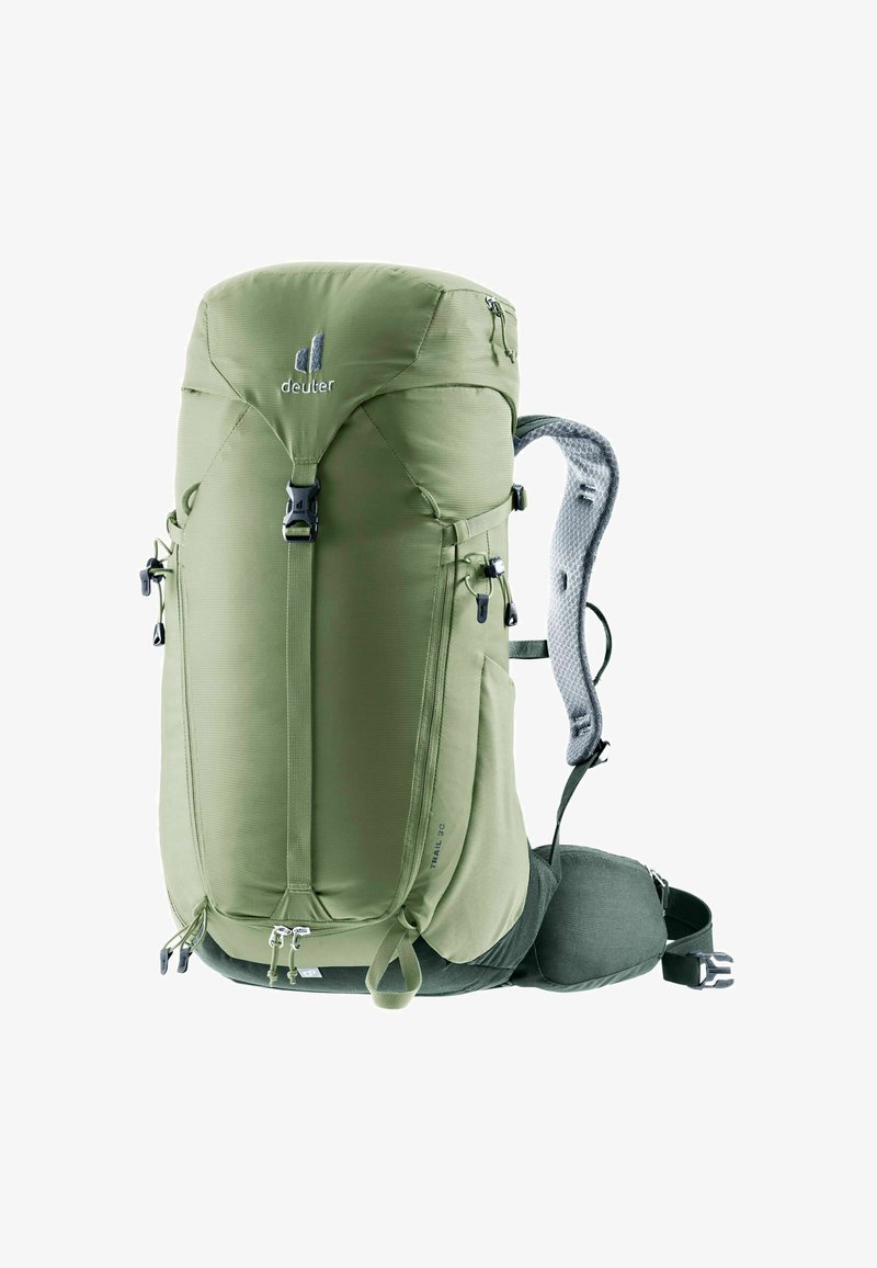 Green nylon hiking backpack with a streamlined design, adjustable straps, and multiple pockets. Features a gray padded back panel for comfort.