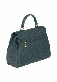 Sac à main texturé vert sarcelle foncé avec une forme structurée, une poignée supérieure et un compartiment zippé. Détails en métal doré ajoutent une touche élégante.