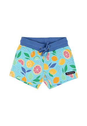 Blaue Kinder-Shorts mit elastischem Bund und Kordelzug, mit bunten Mustern aus Zitrusfrüchten und Blättern, Marke Villervalla.
