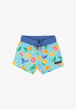 Blauwe kinder shorts met elastische tailleband en trekkoord, met kleurrijke patronen van citrusvruchten en bladeren, gelabeld Villervalla.