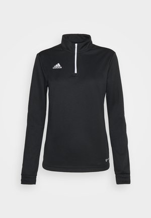 Black long-sleeve quarter-zip sweatshirt, made of smooth synthetic fabric. Features a white zipper and an embroidered logo on the left chest.