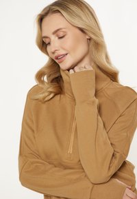 Pullover marrone con collo alto, chiusura a mezza zip e maniche lunghe dotate di aperture per il pollice; texture morbida e design informale.