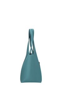 Turkusowa skórzana torebka na ramię o strukturalnym kształcie, z pojedynczym wydłużonym paskiem i zamykaną na zamek przegrodą dla zapewnienia bezpieczeństwa.