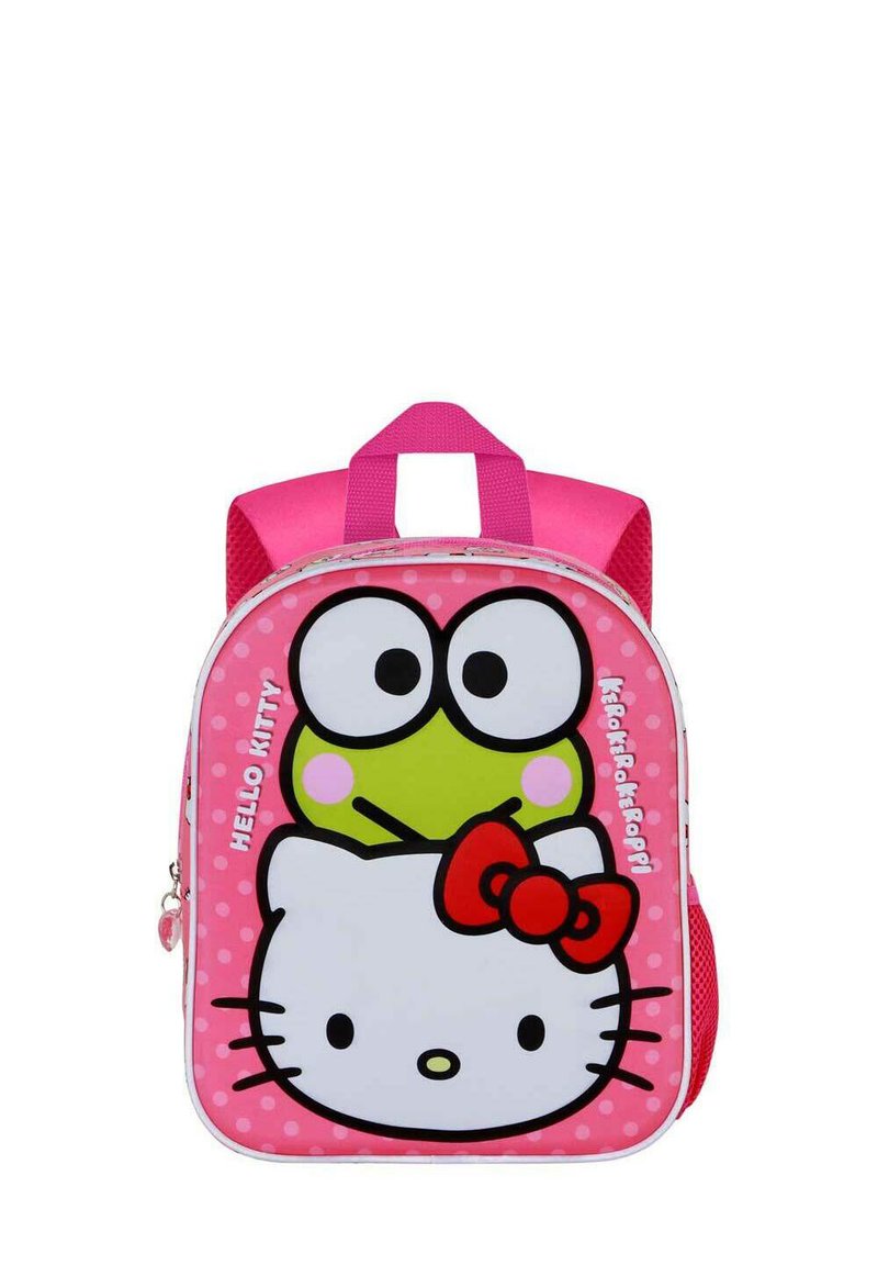 Mochila infantil rosa con Hello Kitty y un personaje de rana. Hecha de un tejido duradero con un patrón de lunares, cierre de cremallera y correas acolchadas.