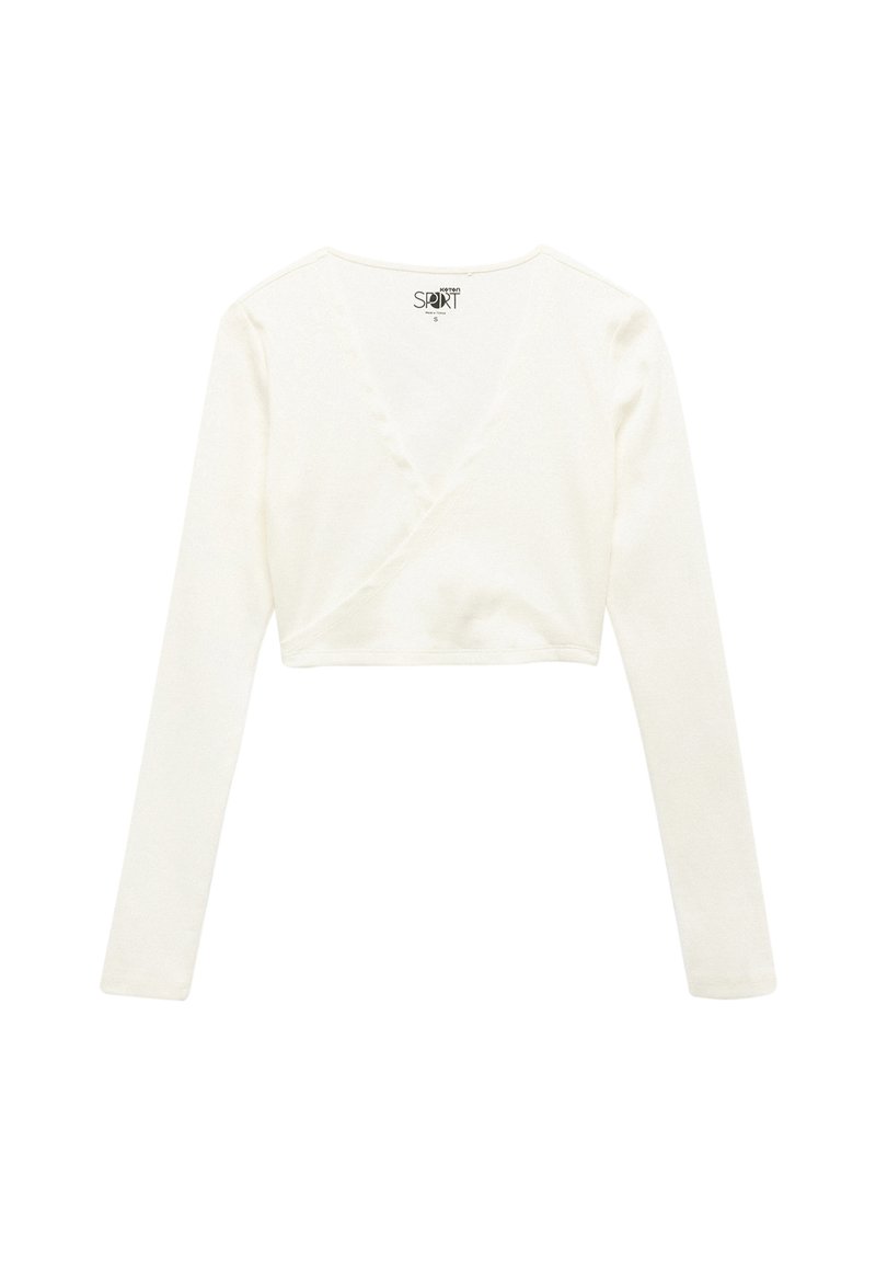 Langdurige mouwen, cropped wikkeltop van zacht witte stof met een diepe V-hals en een nette stiksel langs de randen voor een aangesloten look.