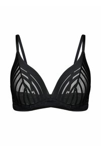 Czarny biustonosz z przezroczystymi miseczkami z siateczki i pionowym wzorem w paski, wyposażony w cienkie, regulowane ramiączka i wspierającą taśmę pod biustem.