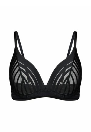 Czarny biustonosz z przezroczystymi miseczkami z siateczki i pionowym wzorem w paski, wyposażony w cienkie, regulowane ramiączka i wspierającą taśmę pod biustem.