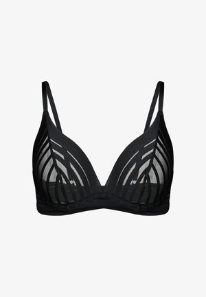 Czarny biustonosz z przezroczystymi miseczkami z siateczki i pionowym wzorem w paski, wyposażony w cienkie, regulowane ramiączka i wspierającą taśmę pod biustem.