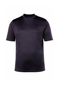 T-shirt a maniche corte di colore viola scuro, realizzata in un morbido tessuto testurizzato. Presenta un colletto a girocollo e un piccolo logo impresso sul petto.