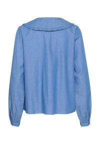 Camicia azzurro chiaro a maniche lunghe con colletto arricciato e polsini con bottoni, realizzata in tessuto morbido, caratterizzata da una vestibilità comoda e una superficie liscia.